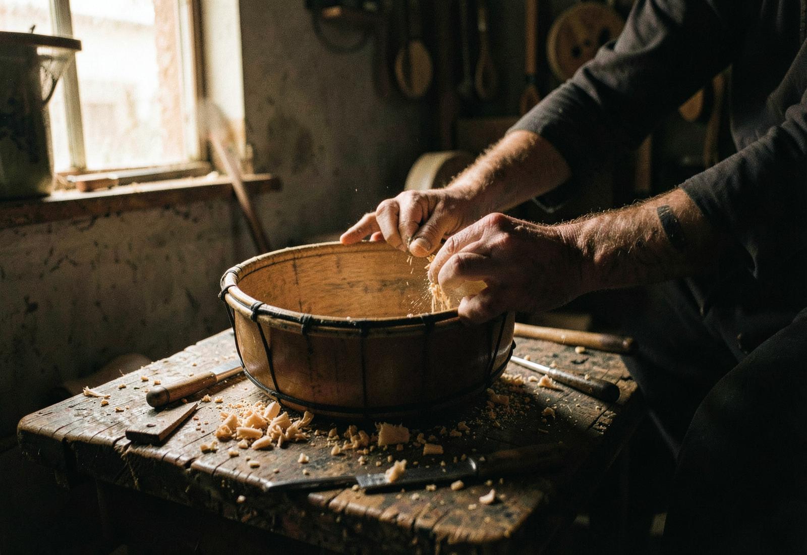 Hands shaping a wooden drum shell on a workshop bench